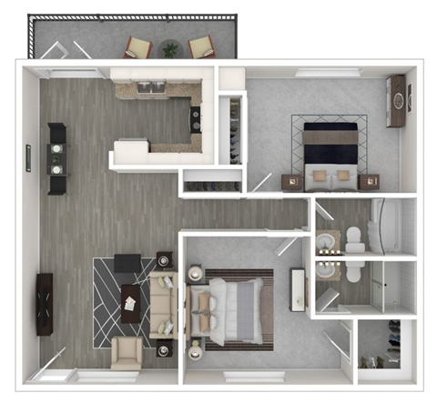 Floor plan for 2 beds, 2 baths, 959 sqft